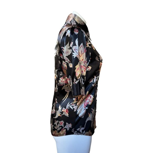 Vintage Y2K NWT 1950s-Style Satin Floral Button-Up Blouse With Tie Waist - Picture 7 of 9